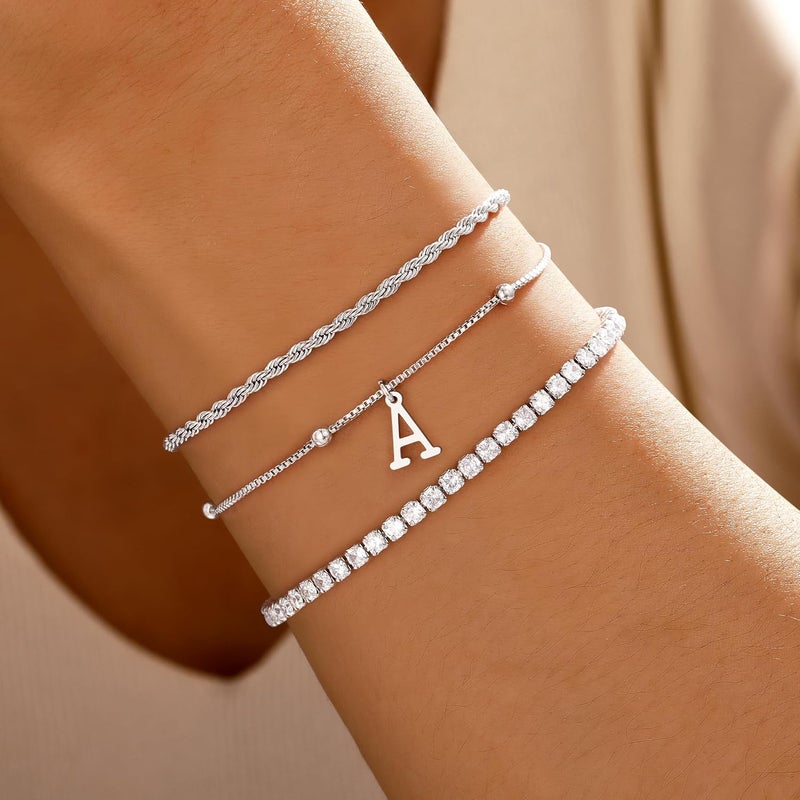 JIAOGE Valentines Day Gifts for Her Kids - Dainty Gold Bracelets for Women Personalized Gold/Silver Initial Bracelet Stack Stackable Rope Box Chain Tennis Bracelets for Girls Jewelry Set - Image 2